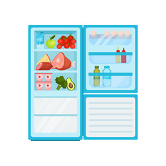 Flat vector of open fridge full of various products. Dairy, fresh fruits and vegetables, meat. Eggs and bottles on door