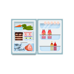 Open refrigerator filled with products. Tasty cake, fish and pork leg, fresh vegetables. Food storage. Flat vector