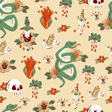Seamless Pattern with Hand Drawn Vector Tattoo Elements: Snake, Heart, Skull, Flower and etc.