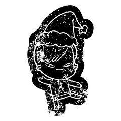 cute cartoon distressed icon of a girl with hipster haircut wearing santa hat