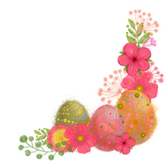 Easter Eggs and Flowers Corner Vignette Isolated on White Background. Easter Arrangement for Print, Card, Invitation, Greeting and Advertising Decoration.