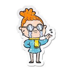 Obraz premium distressed sticker of a cartoon crying woman wearing spectacles