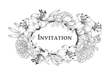 Wedding card with lily flowers. Vintage label card. Invitation card template for your holiday. Vector illustration.