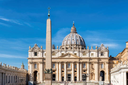 St. Peters basilica from St. Peter's square in Vatican City, Vatican.