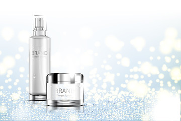 Luxury cosmetic Bottle package skin care cream, Beauty cosmetic product poster, with Bokeh and Glitter on blue background