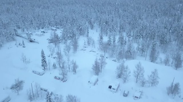 A Camping Site Near A Ski Resort, In The Middle Of The Winter In Ylläsjärvi, Lapland, Finland. Aerial Shots During The Day.