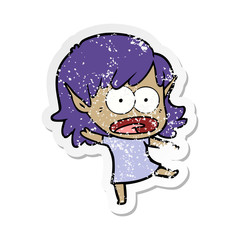 distressed sticker of a cartoon shocked elf girl