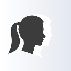 Girl with ponytail. Woman face profile with man silhouette on the backdrop. Side view. Vector illustration.