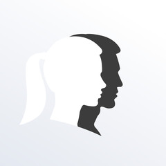 Man and Woman Face Silhouette. Male and Female symbol. The Young Boy and a Girl with a ponytail portrait. Profile or side view. Abstract couple logo. Vector illustration.
