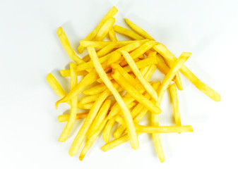 French Fries on white background, Top view with copy space for your text.