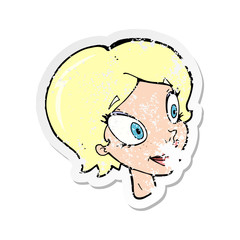 retro distressed sticker of a cartoon pretty female face