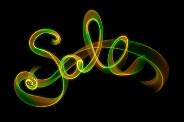 SALE word made of fire or smoke in green and red colors in hot sparkly design on black background