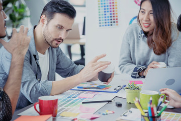 Teamwork Concept. Collaboration Team Meeting Communication with Business Teamwork Working Together in Conference Room. Top view of Diversity Partner Business Meeting Trust in Businessman and Team.