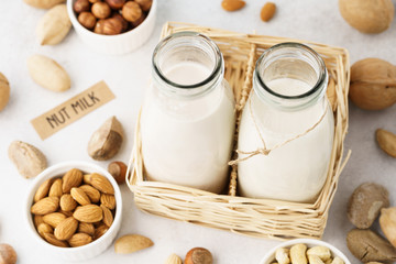 Different nut milk in bottles and ingredients.