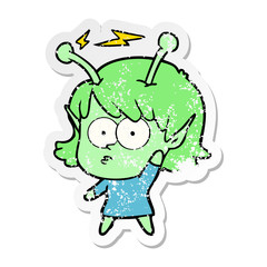 distressed sticker of a cartoon alien girl
