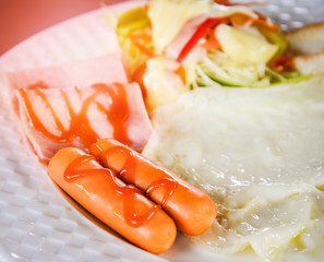 breakfast healthy morning food toast sausage fried egg ham and fresh vegetable salad