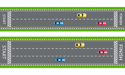 Race track with sport cars. Top view. Rally road with start line and finish line. Vector illustration.