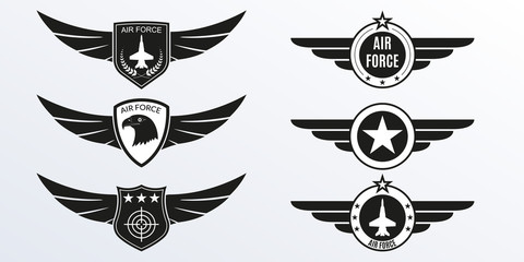 Air Force logo with wings, shields and stars. Military badges. Army patches. Vector illustration.  © metelsky25