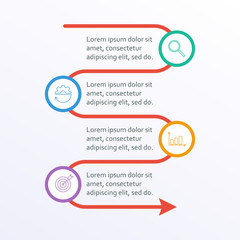 Business info graphic with 4 steps or options with arrow, circle elements and space for text. Infographic template for business process, presentation, workflow layout, banner. Vector illustration.