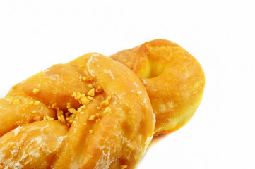 Sweet donut dessert cook homemade with sugar and nuts isolated on white background