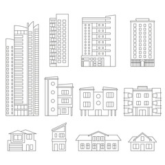 Buildings and city houses outline set. Modern office and residential building collection for city or town design. Vector illustration.
