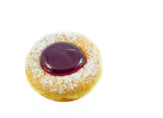 Close up of donuts with white sugar and jam blueberries cream jelly tasty