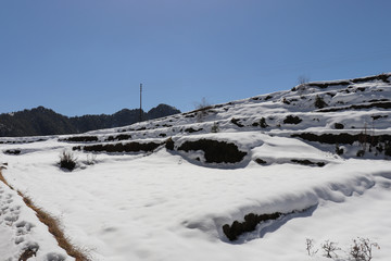 Winter snow covered mountain peaks in India.