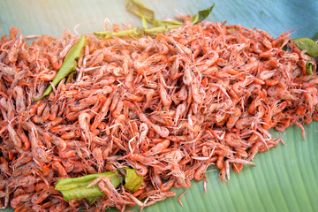 Fototapeta premium Small shrimps fried Crispy with Seasoning bergamot leaf