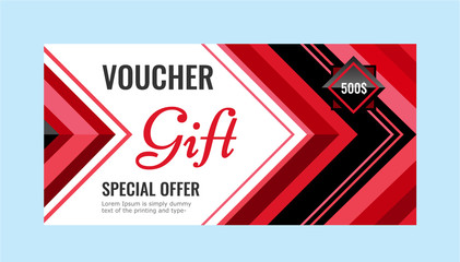 Horizontal gift voucher red lines on white background. Bright abstract design with arrows. Universal template for your projects with space for text. Vector illustration.