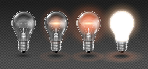 Four  transparent light bulbs, one of which is off, while the others are lit with different brightness on a light background. Highly realistic illustration.