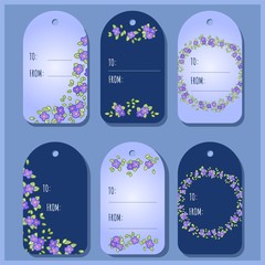 Pansy or Viola flowers and leaves gift tags. Victorian vector labels collection