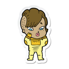 sticker of a cartoon surprised girl in science fiction clothes