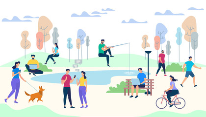 Fototapeta premium Male and Female Characters Life on Park Background