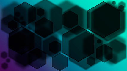 Abstract colorful background with black hexagons. Dark bokeh illustration