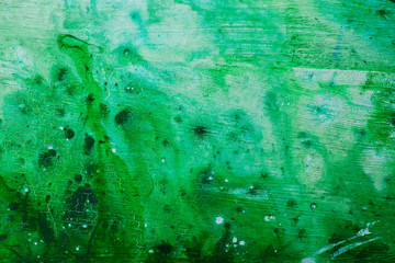 Green watercolor texture on an acrylic base with drips and spots. Spring palette with copy space