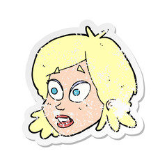 retro distressed sticker of a cartoon female face with surprised expression