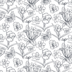 Vector seamless pattern with hand drawn spring flowers and leaves