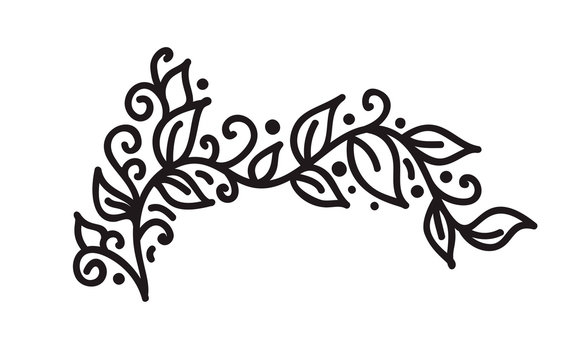 Black monoline flourish vintage monogram vector with leaves and flowers. Corners and dividers for Valentines Day, wedding, birthday greeting card, book, web design