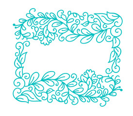 Fototapeta na wymiar Vintage Turquoise vector monoline calligraphy flourish frame for greeting card. Hand drawn floral monogram elements. Sketch doodle design with place for text. Isolated illustration