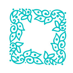 Turquoise vector monoline calligraphy flourish frame for greeting card. Vintage Hand drawn floral monogram elements. Sketch doodle design with place for text. Isolated illustration