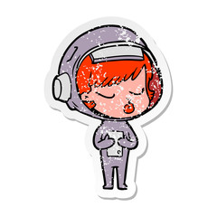 distressed sticker of a cartoon pretty astronaut girl