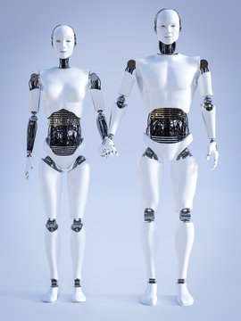 3D rendering of male and female robot holding hands.
