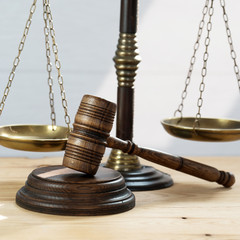 Justice Scales and wooden gavel . Justice concept