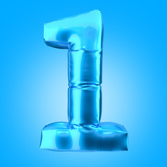 Shiny inflatable number baloon isolated on blue background. Decoration design elements. Traditional xmas and birthday party greeting symbols. Number One