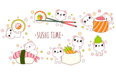 Cute polar bears with japanese sushi and rolls