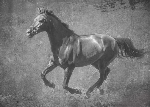 The dark sport horse runs gallop on freedom. In black and white artistic treatment