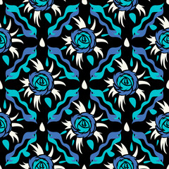 Abstract seamless vector pattern for girls, boys, clothes. Creative background with roses figures. Funny wallpaper for textile and fabric. Fashion style. Colorful bright