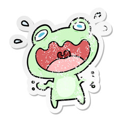 distressed sticker of a cartoon frog frightened