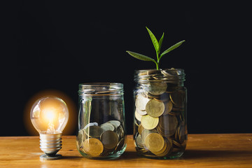 Coins and light bulb put on the table for saving money,energy concept in dark background.