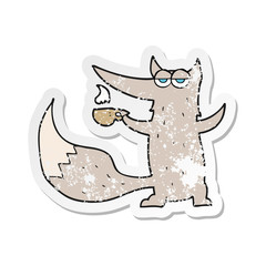 retro distressed sticker of a cartoon wolf with coffee cup